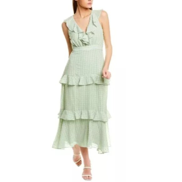 Taylor Size 16 Green Sleeveless V-Neck Tiered Ruffle Maxi Dress Tea Time Wedding - Picture 1 of 13